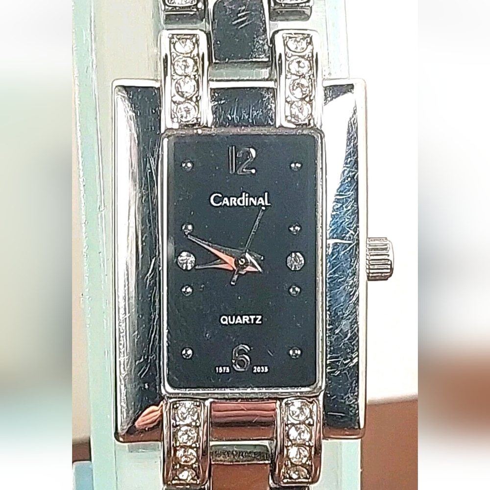 Ladies Cardinal Quartz Watch Silver Tone Bling Black Dial Tank Style Wenger